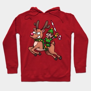 Christmas Elf Riding Flying Reindeer Hoodie